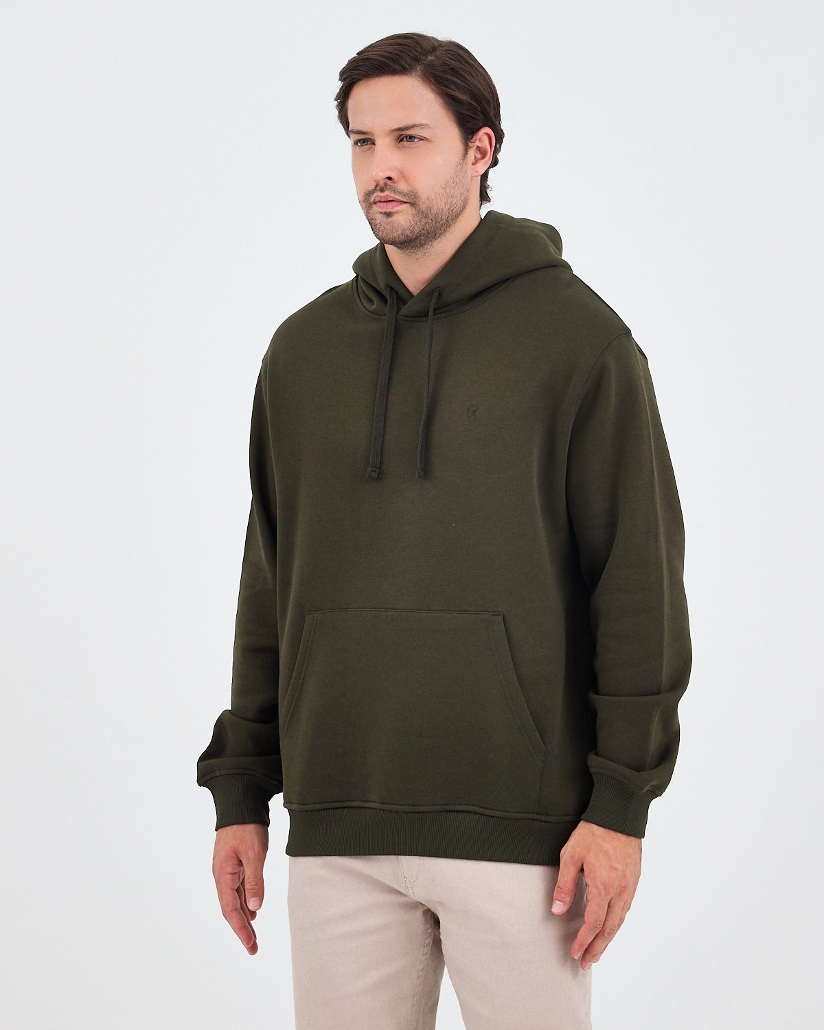Unisex Haki Nakışlı Organik Pamuklu Kapüşonlu Standart Kalıp Sweatshirt