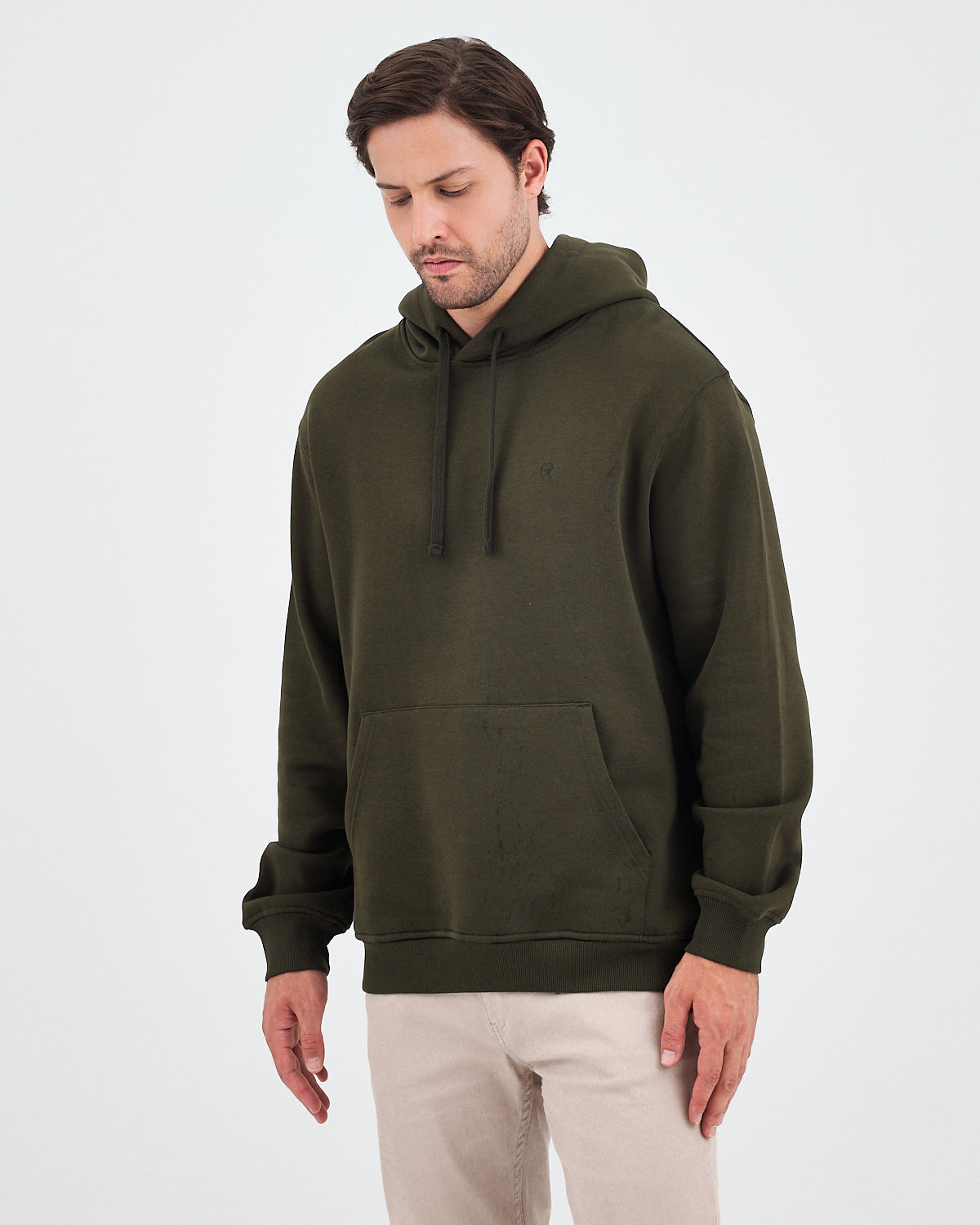 Unisex Haki Nakışlı Organik Pamuklu Kapüşonlu Standart Kalıp Sweatshirt