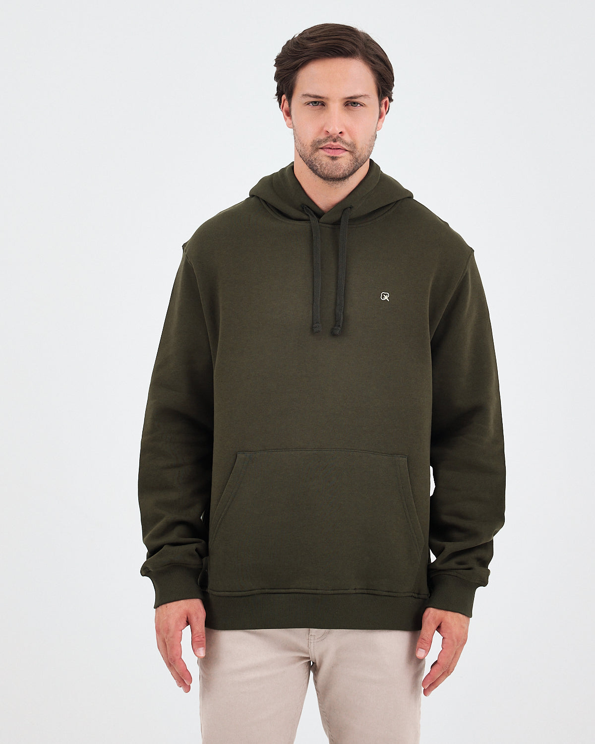 Unisex Haki Ekru Nakışlı Standart Kalıp Organik Pamuk Kapüşonlu Sweatshirt
