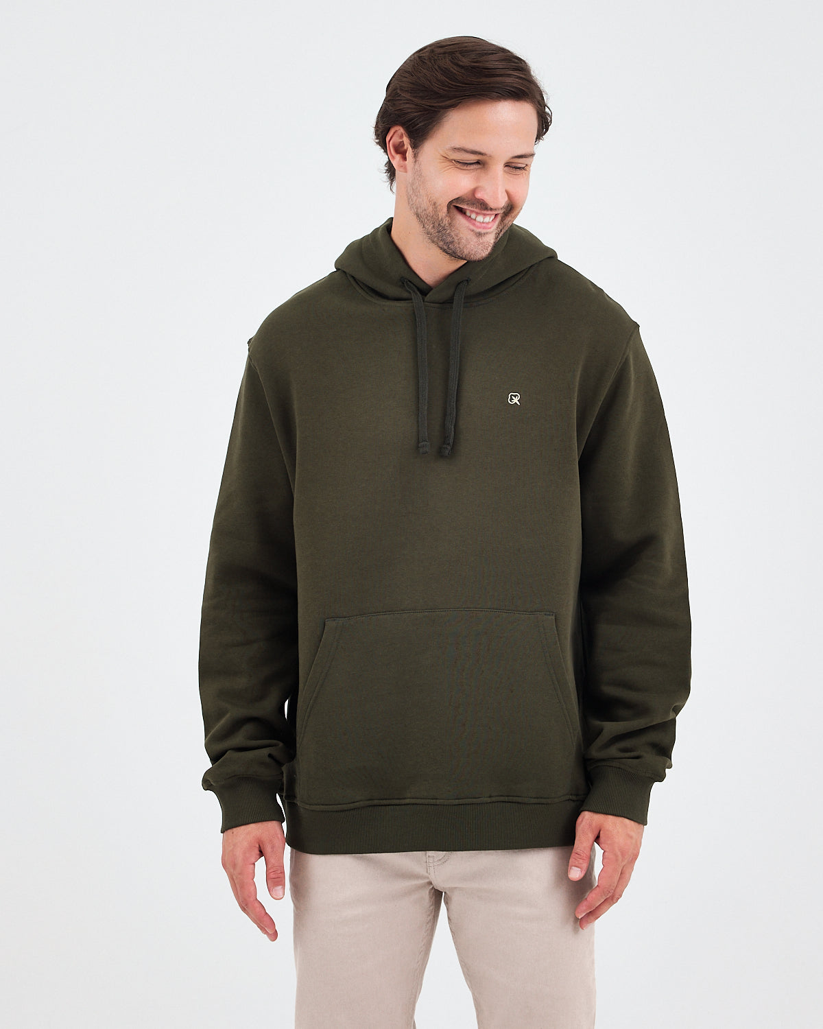 Unisex Haki Ekru Nakışlı Standart Kalıp Organik Pamuk Kapüşonlu Sweatshirt