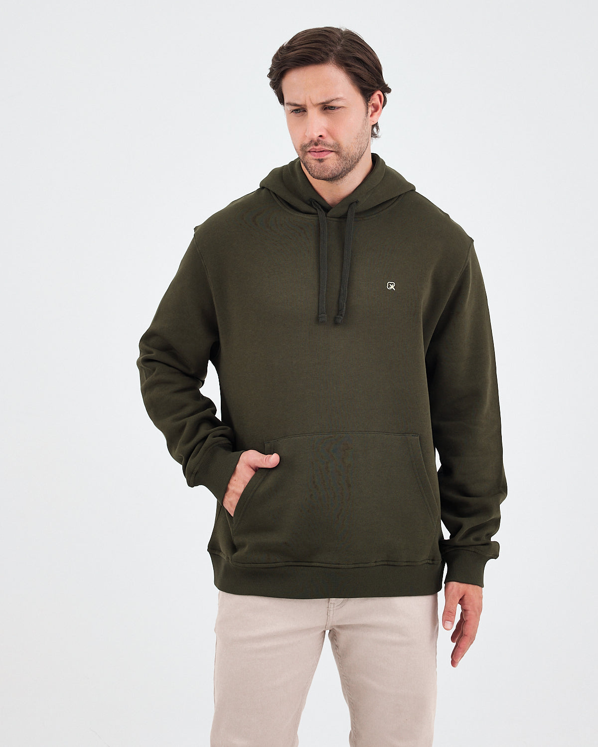 Unisex Haki Ekru Nakışlı Standart Kalıp Organik Pamuk Kapüşonlu Sweatshirt