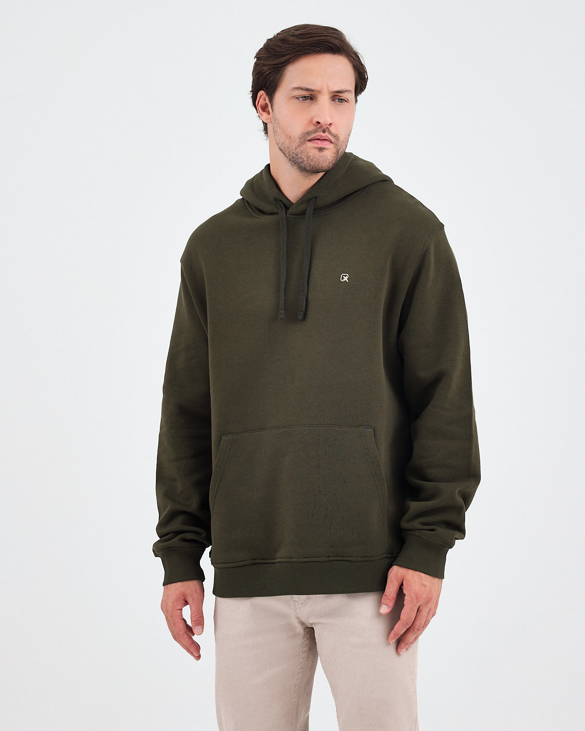 Unisex Haki Ekru Nakışlı Standart Kalıp Organik Pamuk Kapüşonlu Sweatshirt