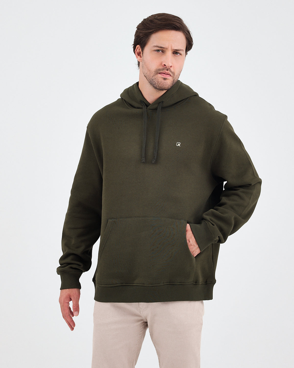Unisex Haki Ekru Nakışlı Standart Kalıp Organik Pamuk Kapüşonlu Sweatshirt