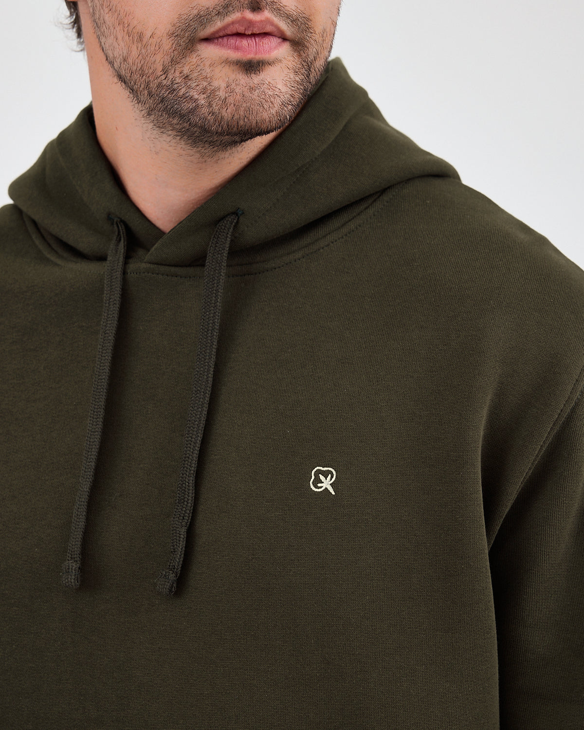 Unisex Haki Ekru Nakışlı Standart Kalıp Organik Pamuk Kapüşonlu Sweatshirt