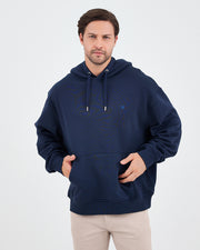 Unisex Lacivert Mavi Nakışlı Kapüşonlu Organik Pamuk Oversize Sweatshirt