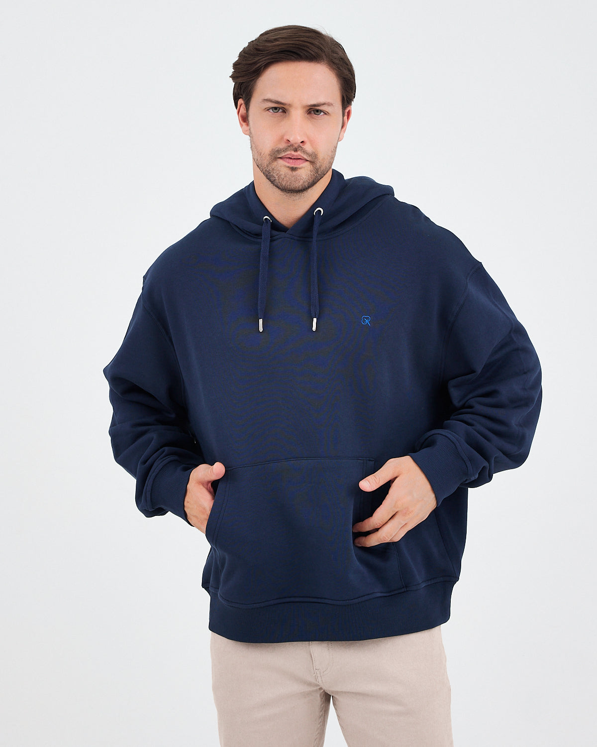Unisex Lacivert Mavi Nakışlı Kapüşonlu Organik Pamuk Oversize Sweatshirt