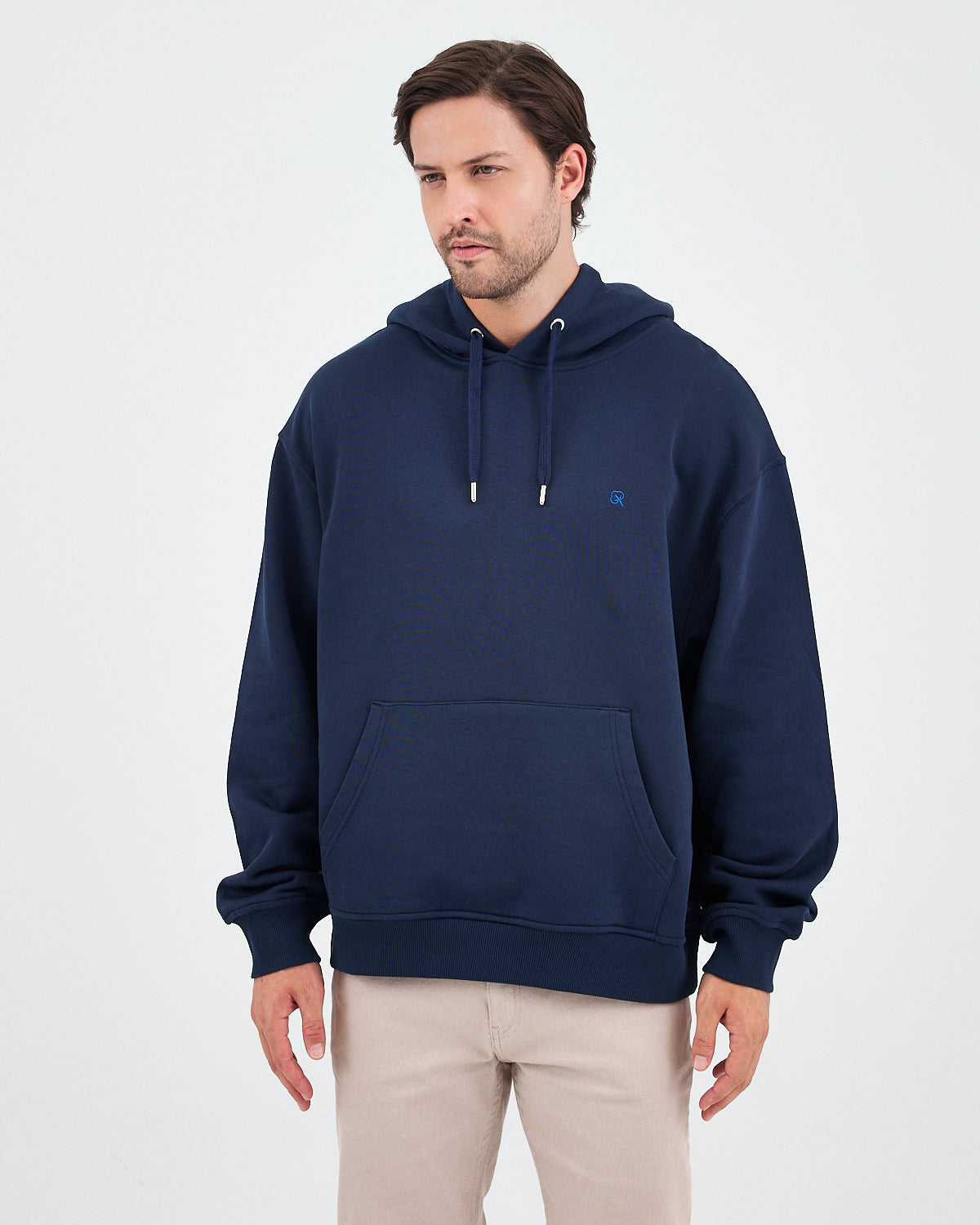 Unisex Lacivert Mavi Nakışlı Kapüşonlu Organik Pamuk Oversize Sweatshirt