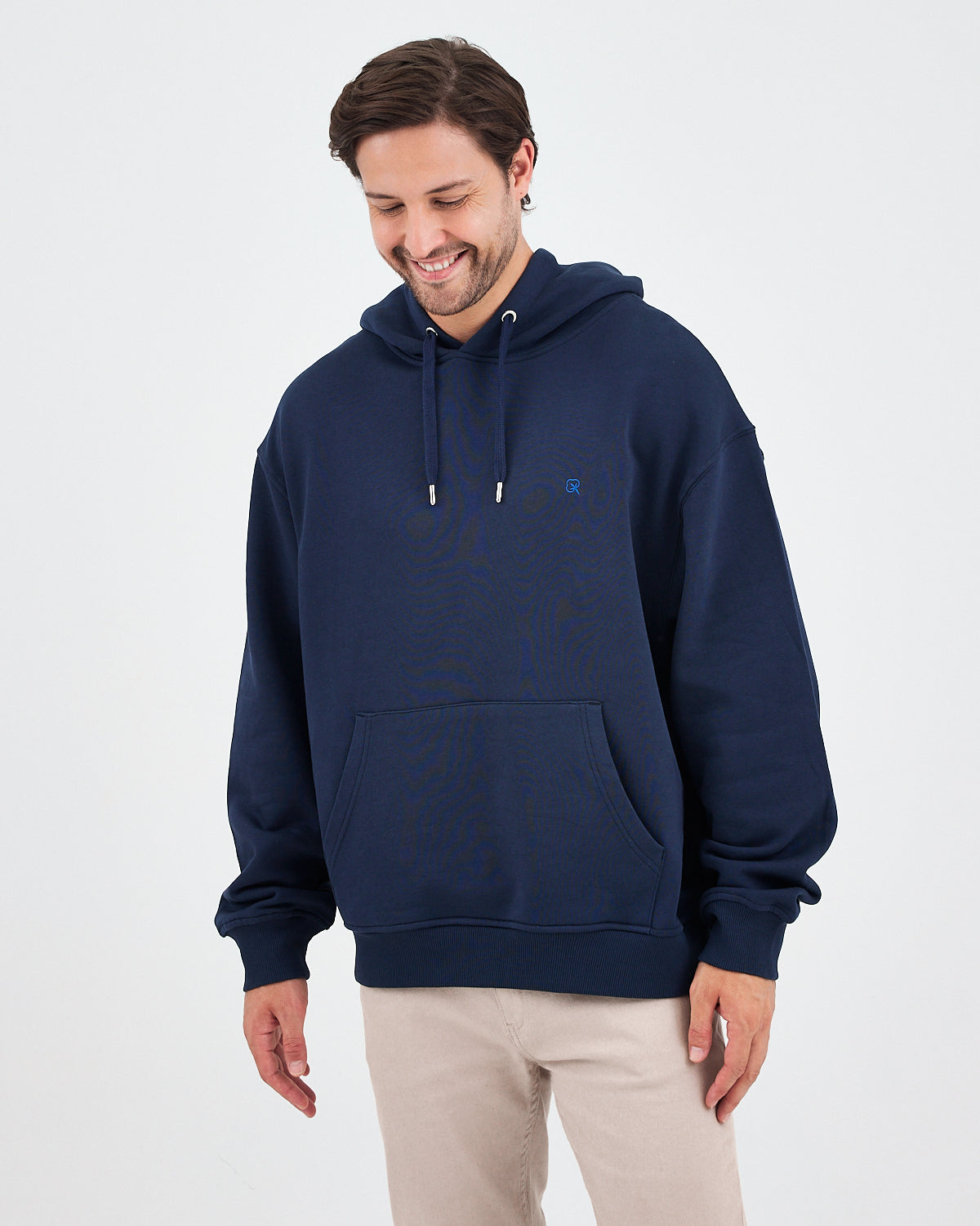 Unisex Lacivert Mavi Nakışlı Kapüşonlu Organik Pamuk Oversize Sweatshirt