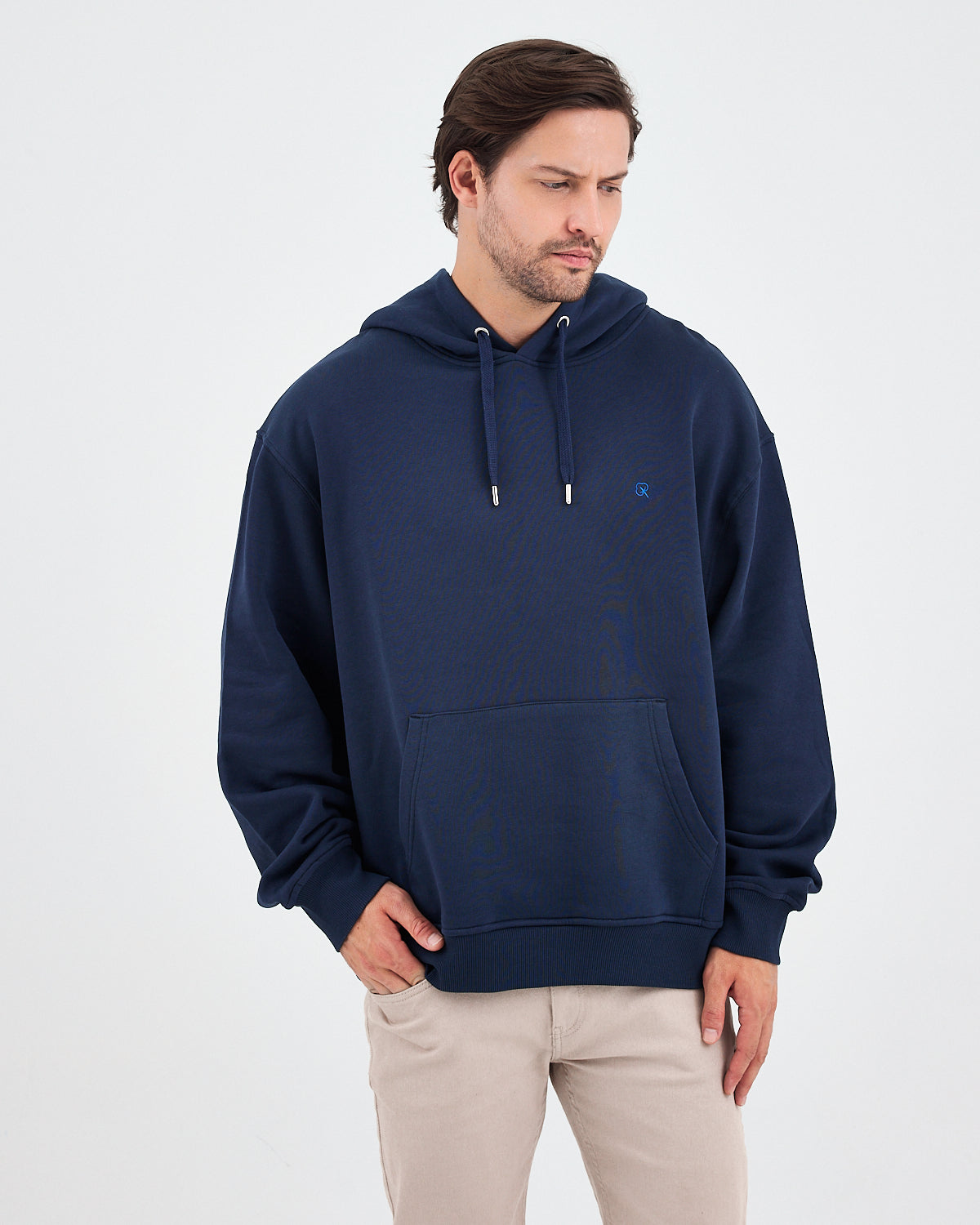 Unisex Lacivert Mavi Nakışlı Kapüşonlu Organik Pamuk Oversize Sweatshirt