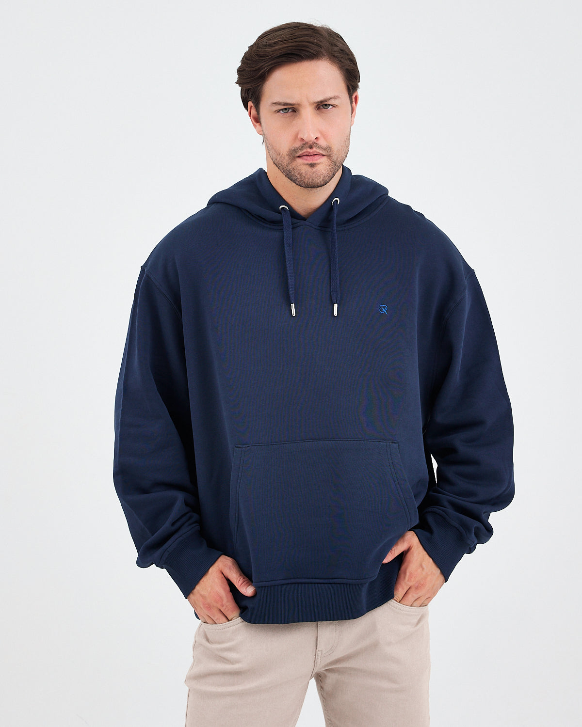 Unisex Lacivert Mavi Nakışlı Kapüşonlu Organik Pamuk Oversize Sweatshirt