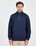 Unisex Lacivert Mavi Nakışlı Yarım Fermuarlı Yüksek Yaka Organik Pamuk Standart Kalıp Sweatshirt
