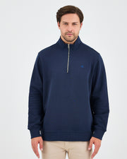 Unisex Lacivert Mavi Nakışlı Yarım Fermuarlı Yüksek Yaka Organik Pamuk Standart Kalıp Sweatshirt