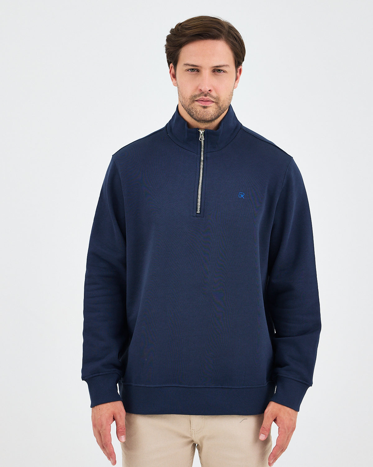 Unisex Lacivert Mavi Nakışlı Yarım Fermuarlı Yüksek Yaka Organik Pamuk Standart Kalıp Sweatshirt