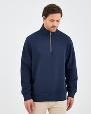 Unisex Lacivert Mavi Nakışlı Yarım Fermuarlı Yüksek Yaka Organik Pamuk Standart Kalıp Sweatshirt