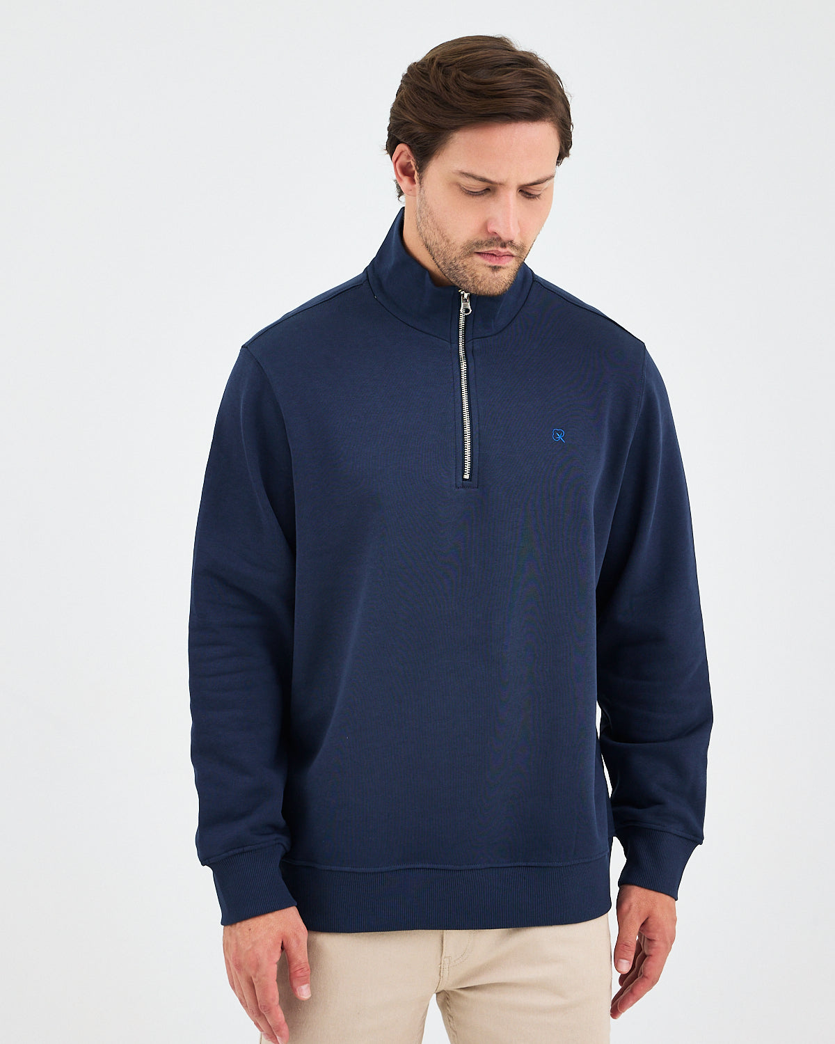 Unisex Lacivert Mavi Nakışlı Yarım Fermuarlı Yüksek Yaka Organik Pamuk Standart Kalıp Sweatshirt