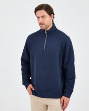 Unisex Lacivert Mavi Nakışlı Yarım Fermuarlı Yüksek Yaka Organik Pamuk Standart Kalıp Sweatshirt