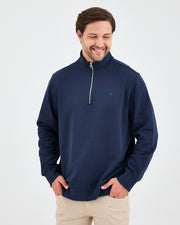 Unisex Lacivert Mavi Nakışlı Yarım Fermuarlı Yüksek Yaka Organik Pamuk Standart Kalıp Sweatshirt
