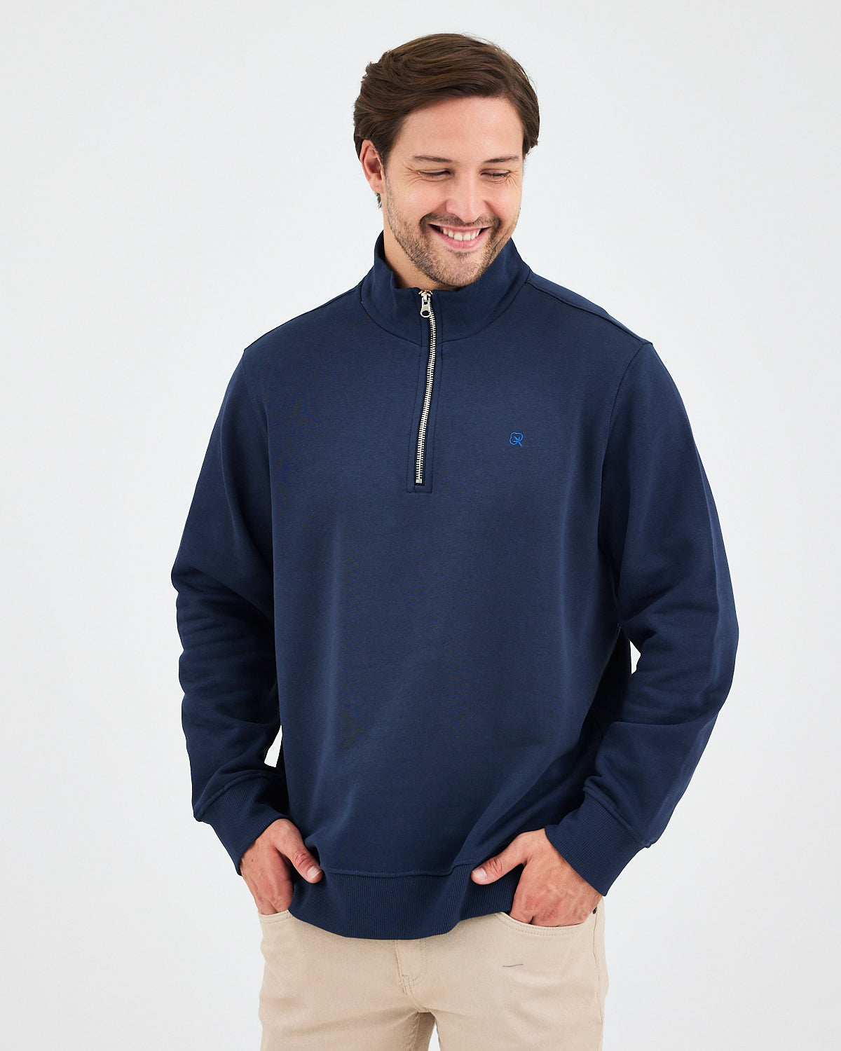 Unisex Lacivert Mavi Nakışlı Yarım Fermuarlı Yüksek Yaka Organik Pamuk Standart Kalıp Sweatshirt