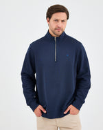 Unisex Lacivert Mavi Nakışlı Yarım Fermuarlı Yüksek Yaka Organik Pamuk Standart Kalıp Sweatshirt