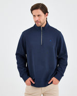Unisex Lacivert Mavi Nakışlı Yarım Fermuarlı Yüksek Yaka Organik Pamuk Standart Kalıp Sweatshirt