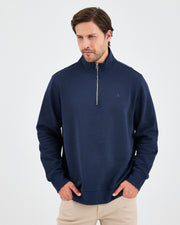 Unisex Lacivert Mavi Nakışlı Yarım Fermuarlı Yüksek Yaka Organik Pamuk Standart Kalıp Sweatshirt