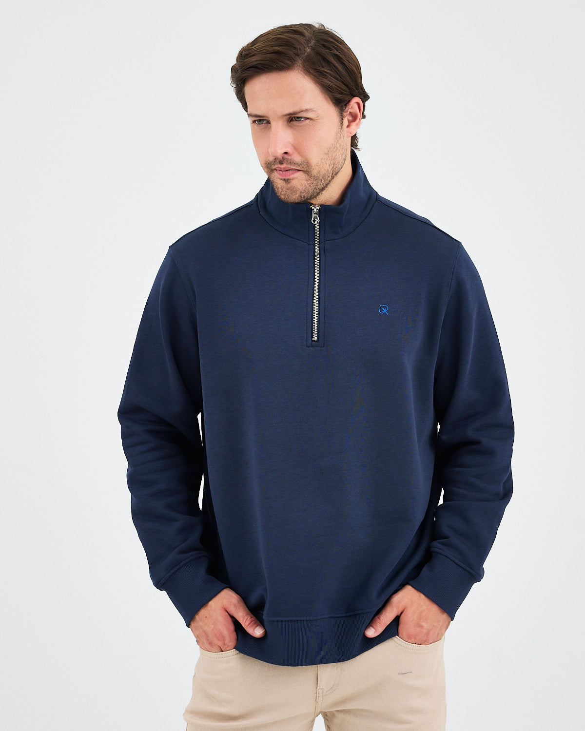 Unisex Lacivert Mavi Nakışlı Yarım Fermuarlı Yüksek Yaka Organik Pamuk Standart Kalıp Sweatshirt