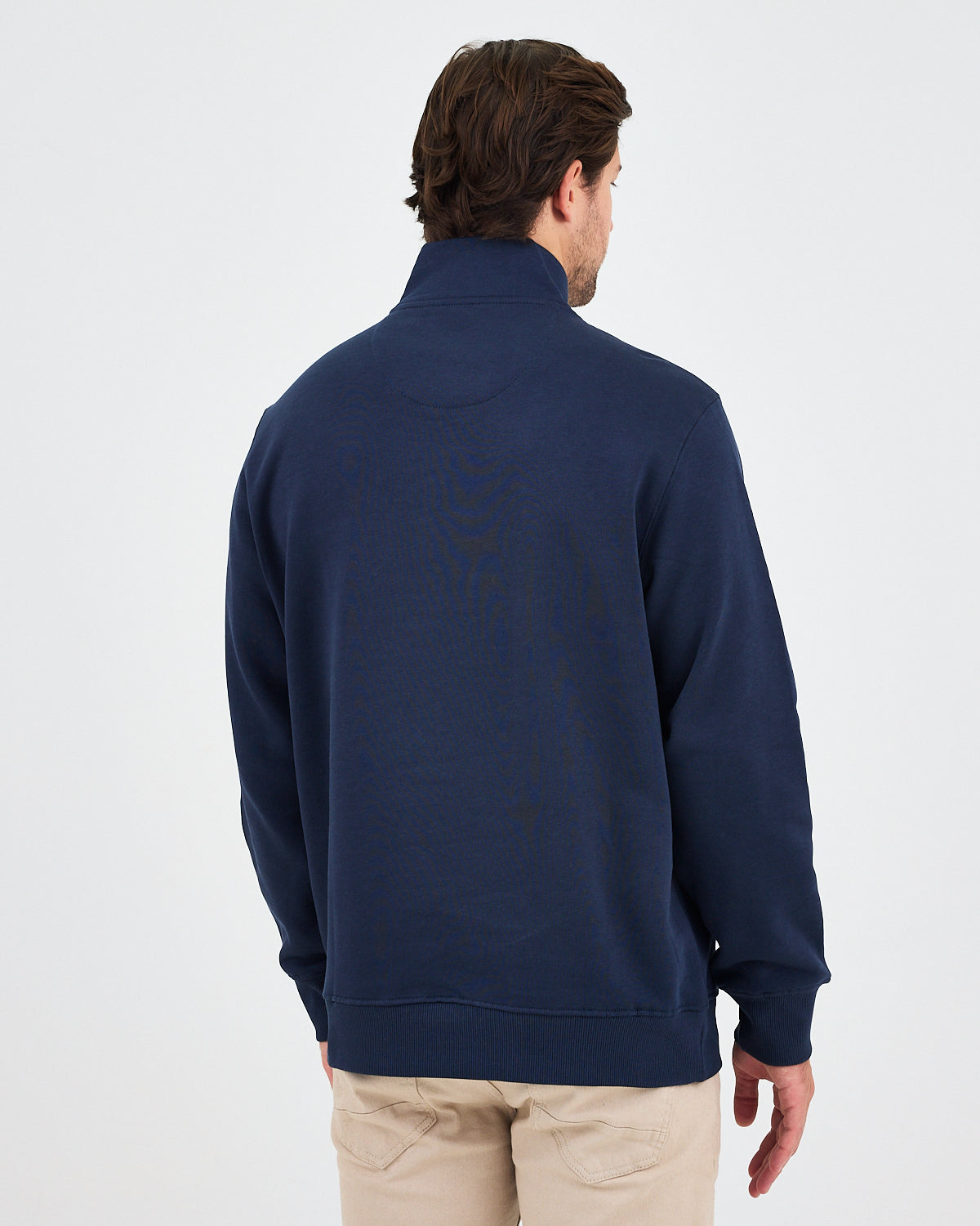 Unisex Lacivert Mavi Nakışlı Yarım Fermuarlı Yüksek Yaka Organik Pamuk Standart Kalıp Sweatshirt