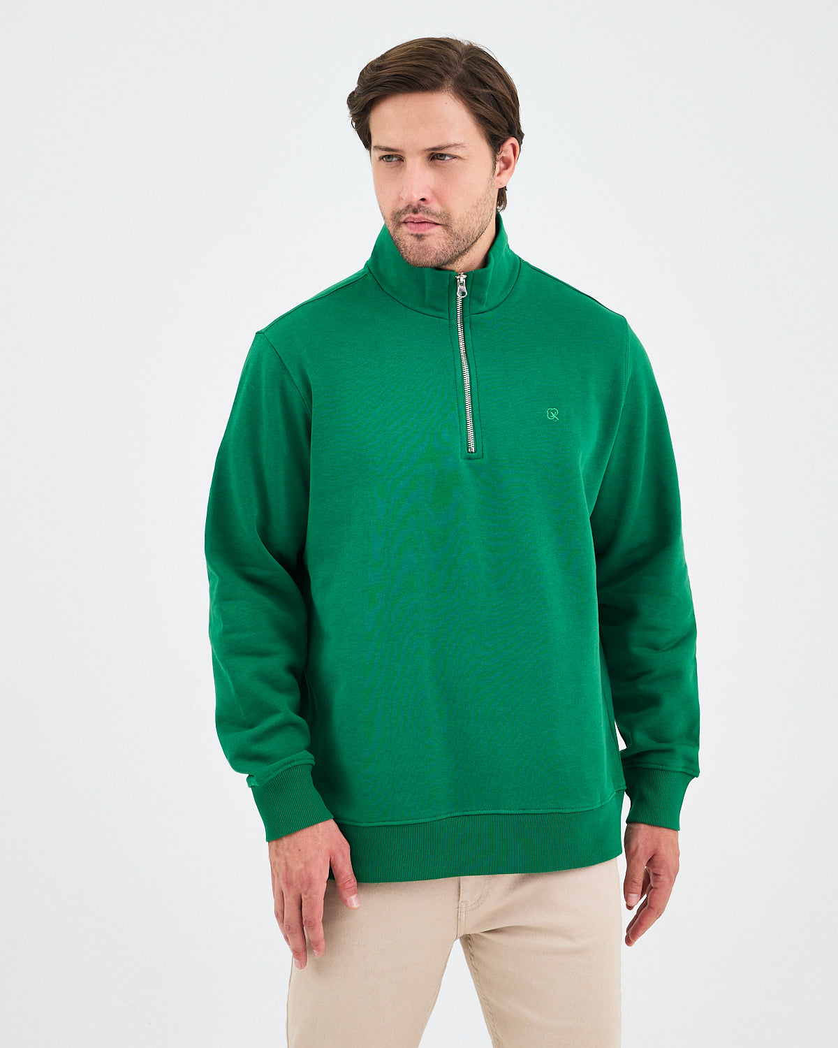 Unisex Yeşil Nakışlı Yarım Fermuarlı Yüksek Yaka Organik Pamuk Standart Kalıp Sweatshirt
