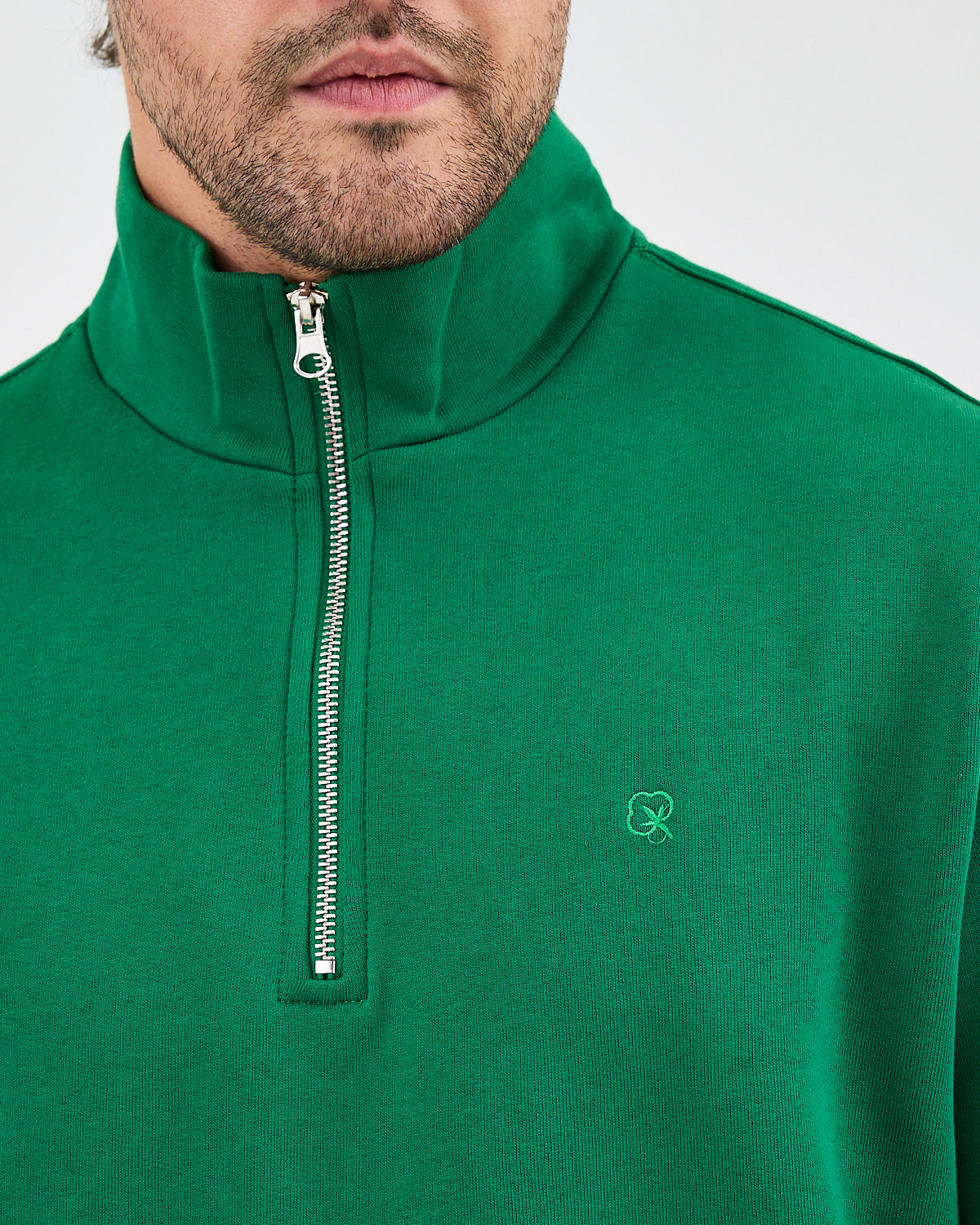 Unisex Yeşil Nakışlı Yarım Fermuarlı Yüksek Yaka Organik Pamuk Standart Kalıp Sweatshirt