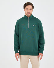 Unisex Koyu Yeşil Beyaz Logo Organik Pamuklu Yarım Fermuarlı Yüksek Yaka Standart Kesim Sweatshirt