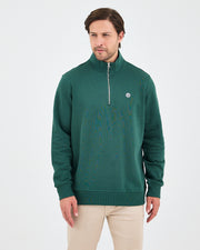 Unisex Koyu Yeşil Beyaz Logo Organik Pamuklu Yarım Fermuarlı Yüksek Yaka Standart Kesim Sweatshirt
