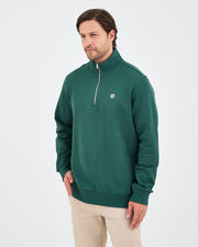 Unisex Koyu Yeşil Beyaz Logo Organik Pamuklu Yarım Fermuarlı Yüksek Yaka Standart Kesim Sweatshirt