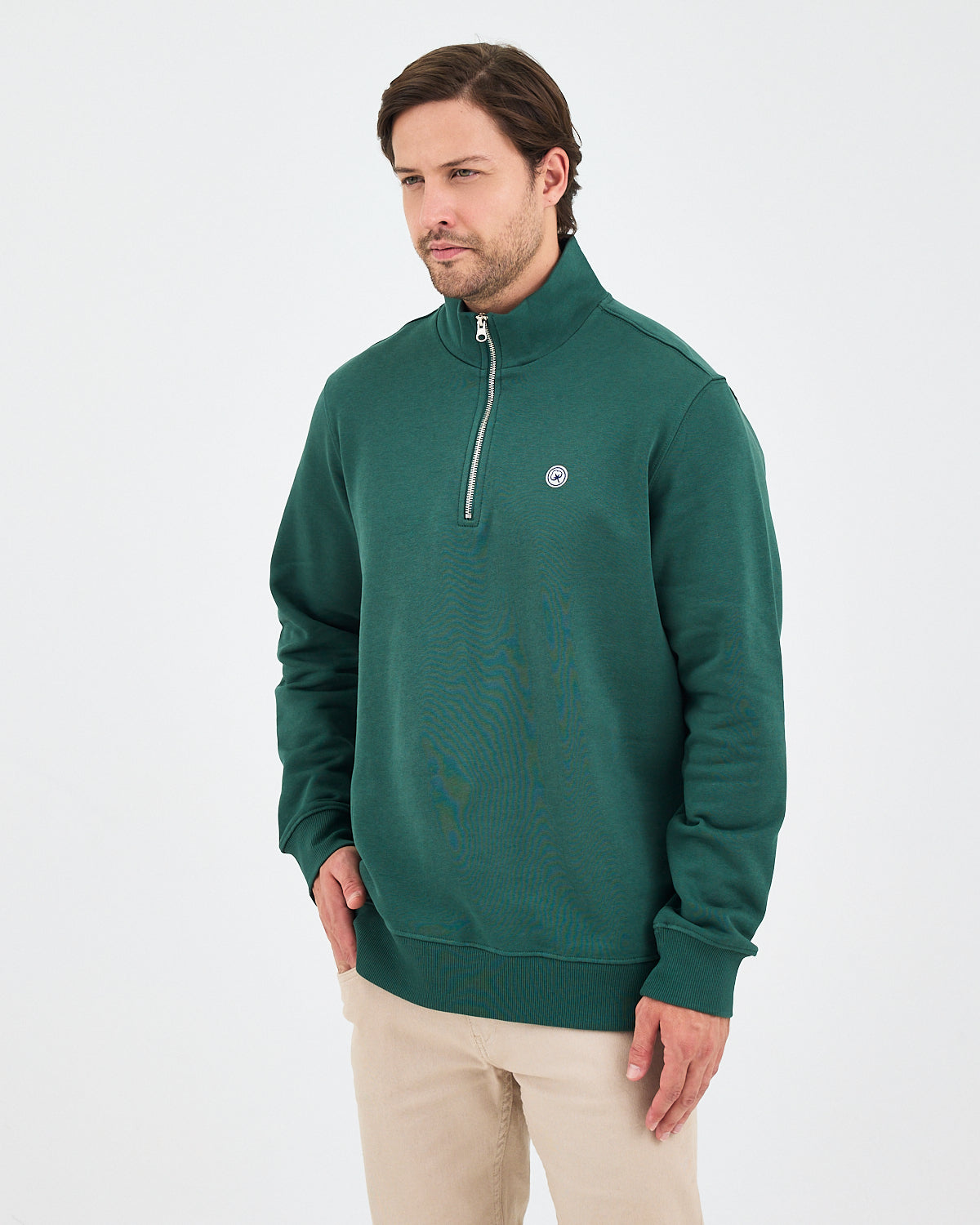Unisex Koyu Yeşil Beyaz Logo Organik Pamuklu Yarım Fermuarlı Yüksek Yaka Standart Kesim Sweatshirt