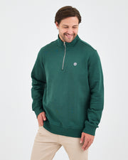 Unisex Koyu Yeşil Beyaz Logo Organik Pamuklu Yarım Fermuarlı Yüksek Yaka Standart Kesim Sweatshirt