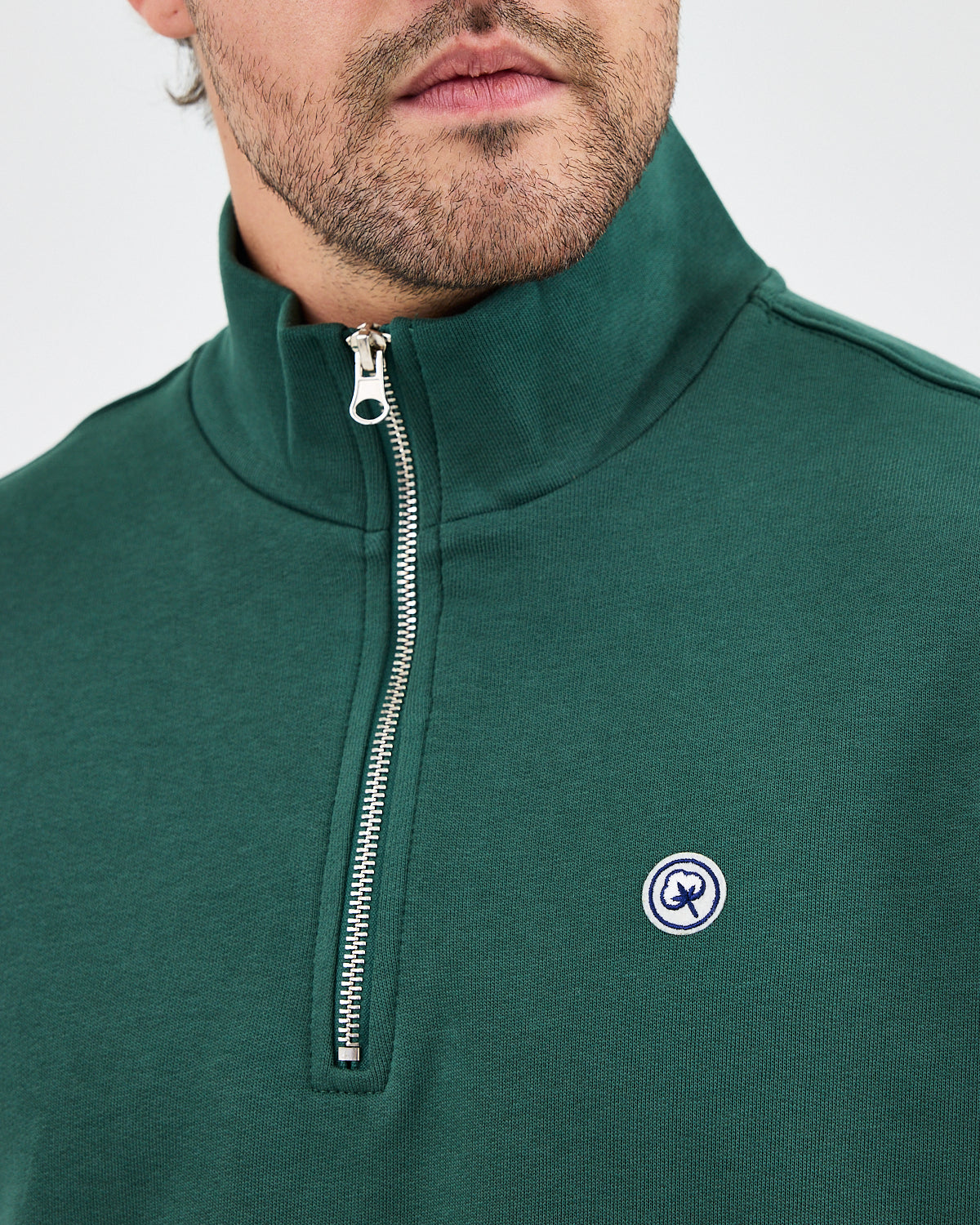 Unisex Koyu Yeşil Beyaz Logo Organik Pamuklu Yarım Fermuarlı Yüksek Yaka Standart Kesim Sweatshirt