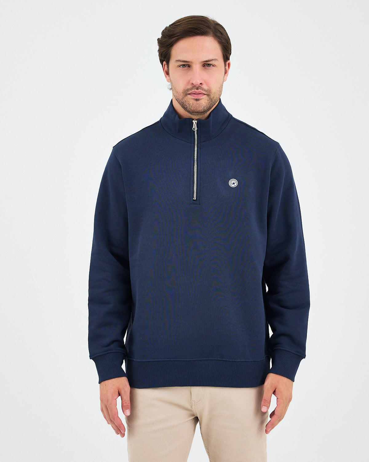 Unisex Lacivert Beyaz Aplike Logo Organik Pamuk Standart Kesim Yarım Fermuarlı Sweatshirt