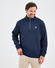 Unisex Lacivert Beyaz Aplike Logo Organik Pamuk Standart Kesim Yarım Fermuarlı Sweatshirt