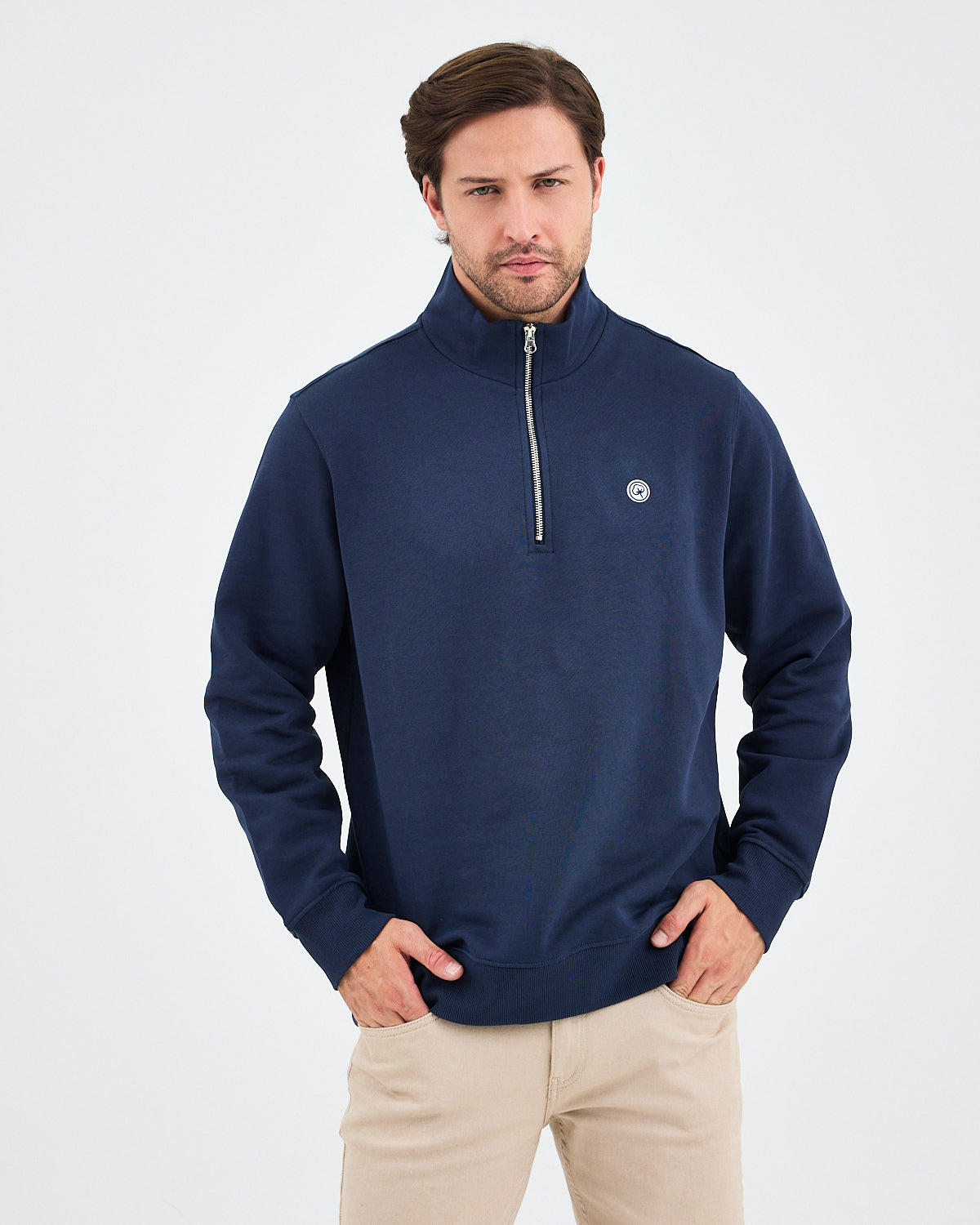 Unisex Lacivert Beyaz Aplike Logo Organik Pamuk Standart Kesim Yarım Fermuarlı Sweatshirt