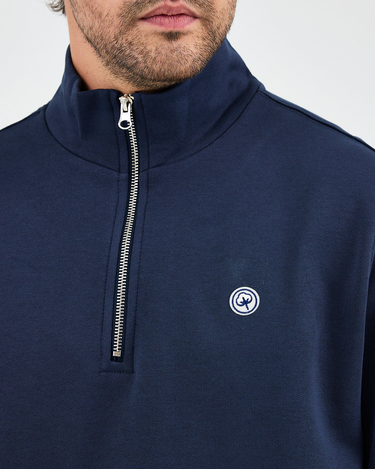 Unisex Lacivert Beyaz Aplike Logo Organik Pamuk Standart Kesim Yarım Fermuarlı Sweatshirt