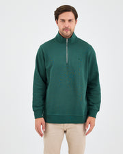 Unisex Koyu Yeşil Nakışlı Organik Pamuk Yarım Fermuarlı Standart Kalıp Sweatshirt