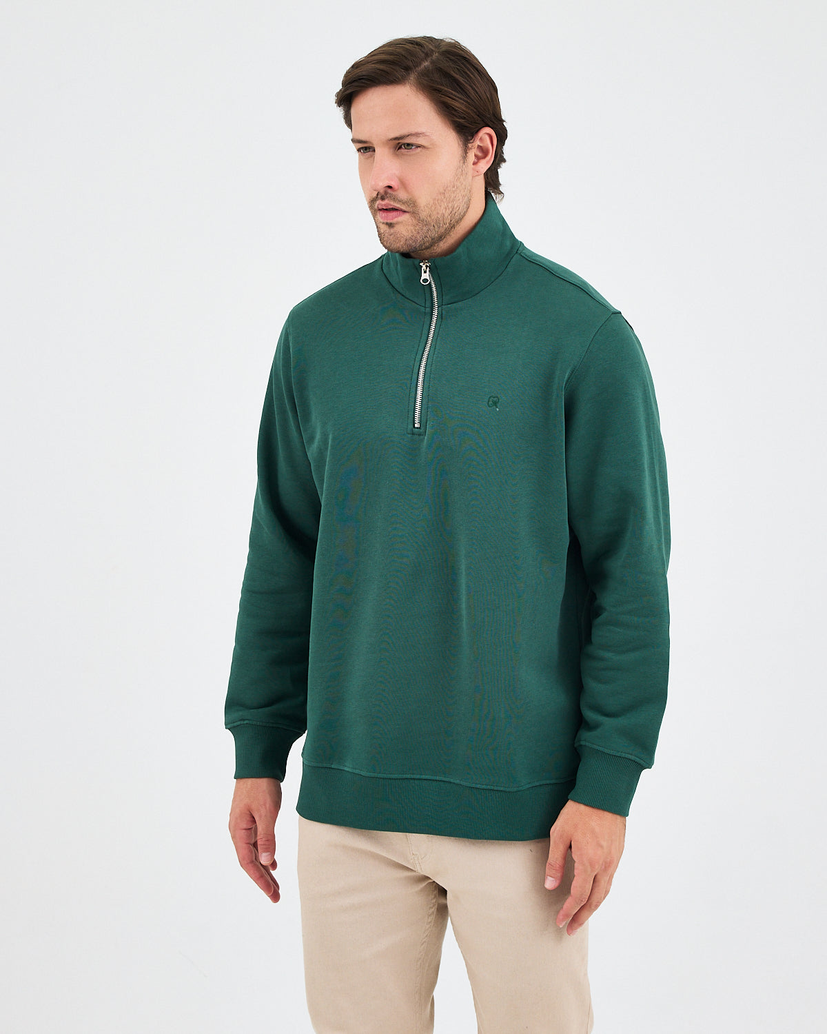Unisex Koyu Yeşil Nakışlı Organik Pamuk Yarım Fermuarlı Standart Kalıp Sweatshirt