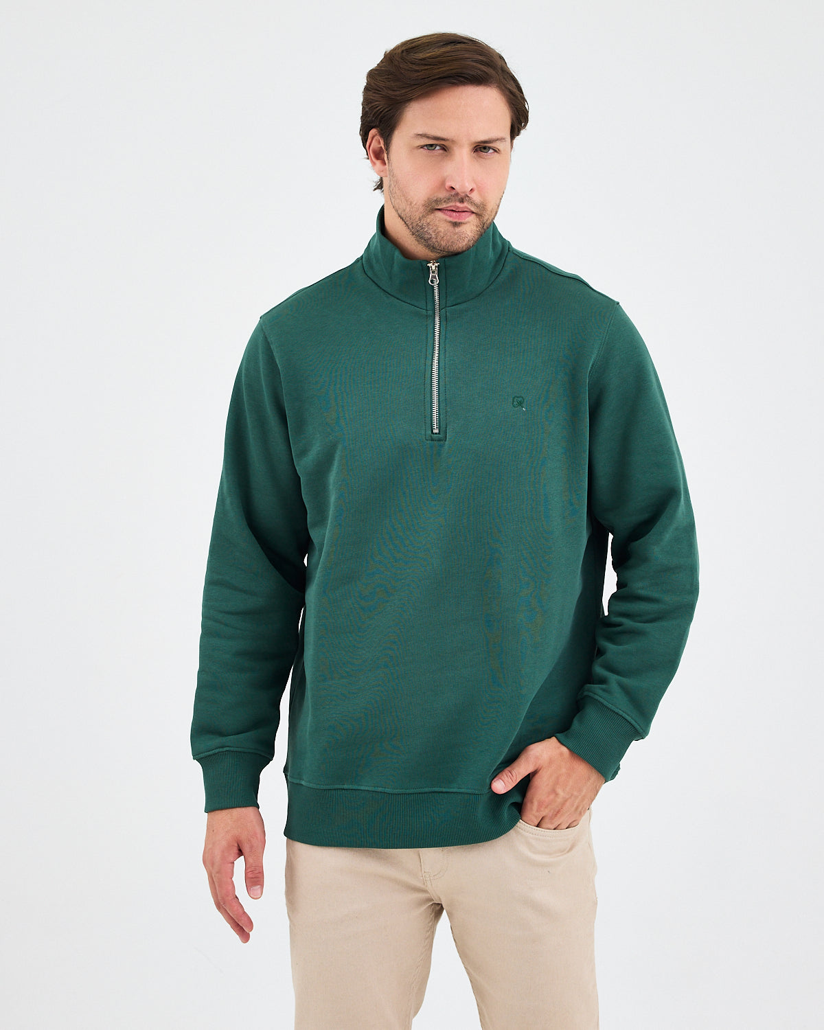 Unisex Koyu Yeşil Nakışlı Organik Pamuk Yarım Fermuarlı Standart Kalıp Sweatshirt