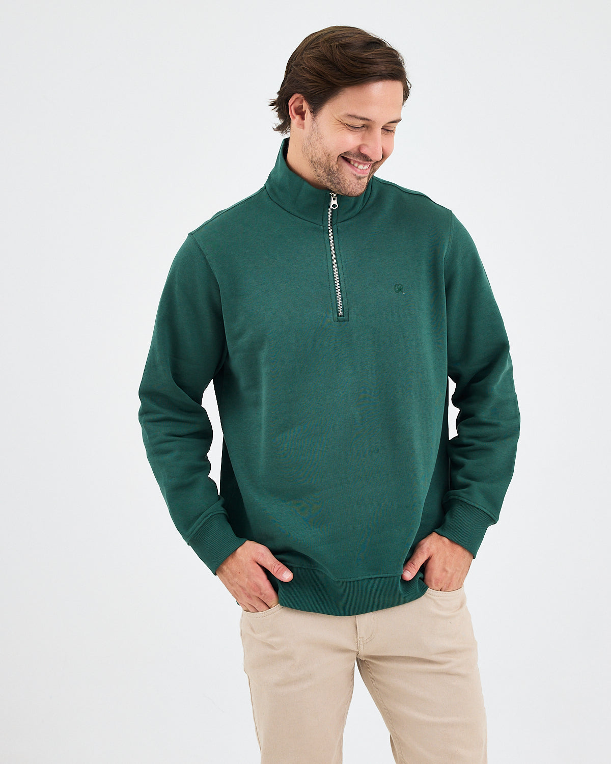 Unisex Koyu Yeşil Nakışlı Organik Pamuk Yarım Fermuarlı Standart Kalıp Sweatshirt