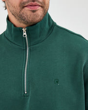 Unisex Koyu Yeşil Nakışlı Organik Pamuk Yarım Fermuarlı Standart Kalıp Sweatshirt
