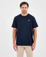 Unisex Lacivert Beyaz Aplike Logo Organik Pamuk Standart Kesim Bisiklet Yaka T-shirt