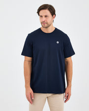 Unisex Lacivert Beyaz Aplike Logo Organik Pamuk Standart Kesim Bisiklet Yaka T-shirt