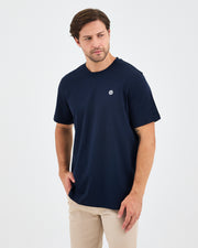 Unisex Lacivert Beyaz Aplike Logo Organik Pamuk Standart Kesim Bisiklet Yaka T-shirt