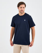 Unisex Lacivert Beyaz Aplike Logo Organik Pamuk Standart Kesim Bisiklet Yaka T-shirt