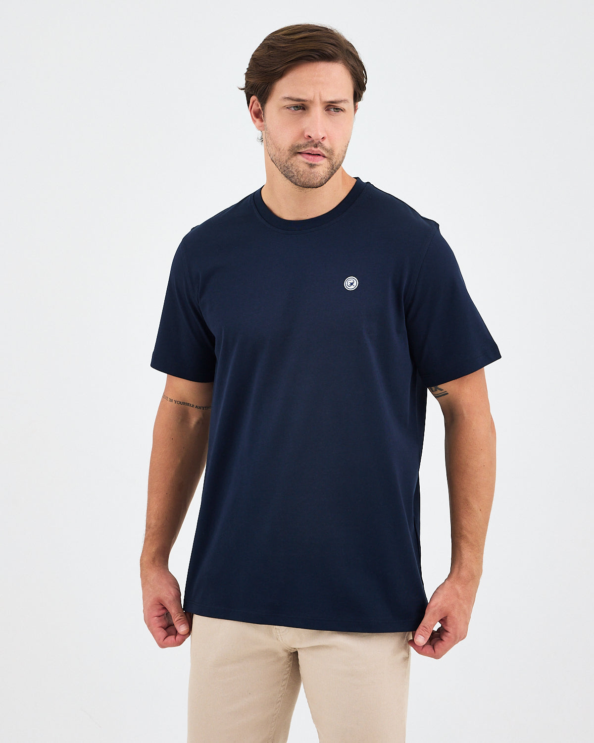 Unisex Lacivert Beyaz Aplike Logo Organik Pamuk Standart Kesim Bisiklet Yaka T-shirt