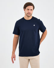 Unisex Lacivert Beyaz Aplike Logo Organik Pamuk Standart Kesim Bisiklet Yaka T-shirt